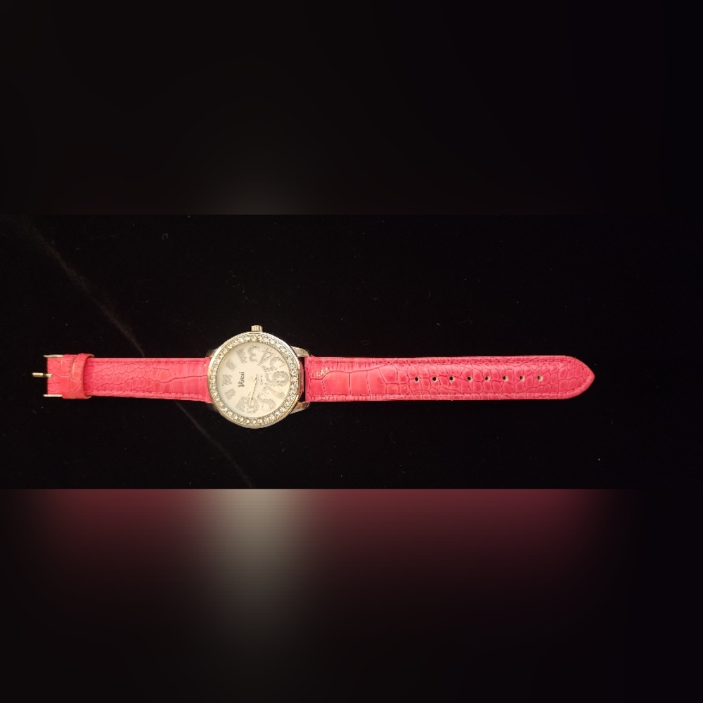 Pink Crocodile Leather Strap Watch With Crystal Bezel